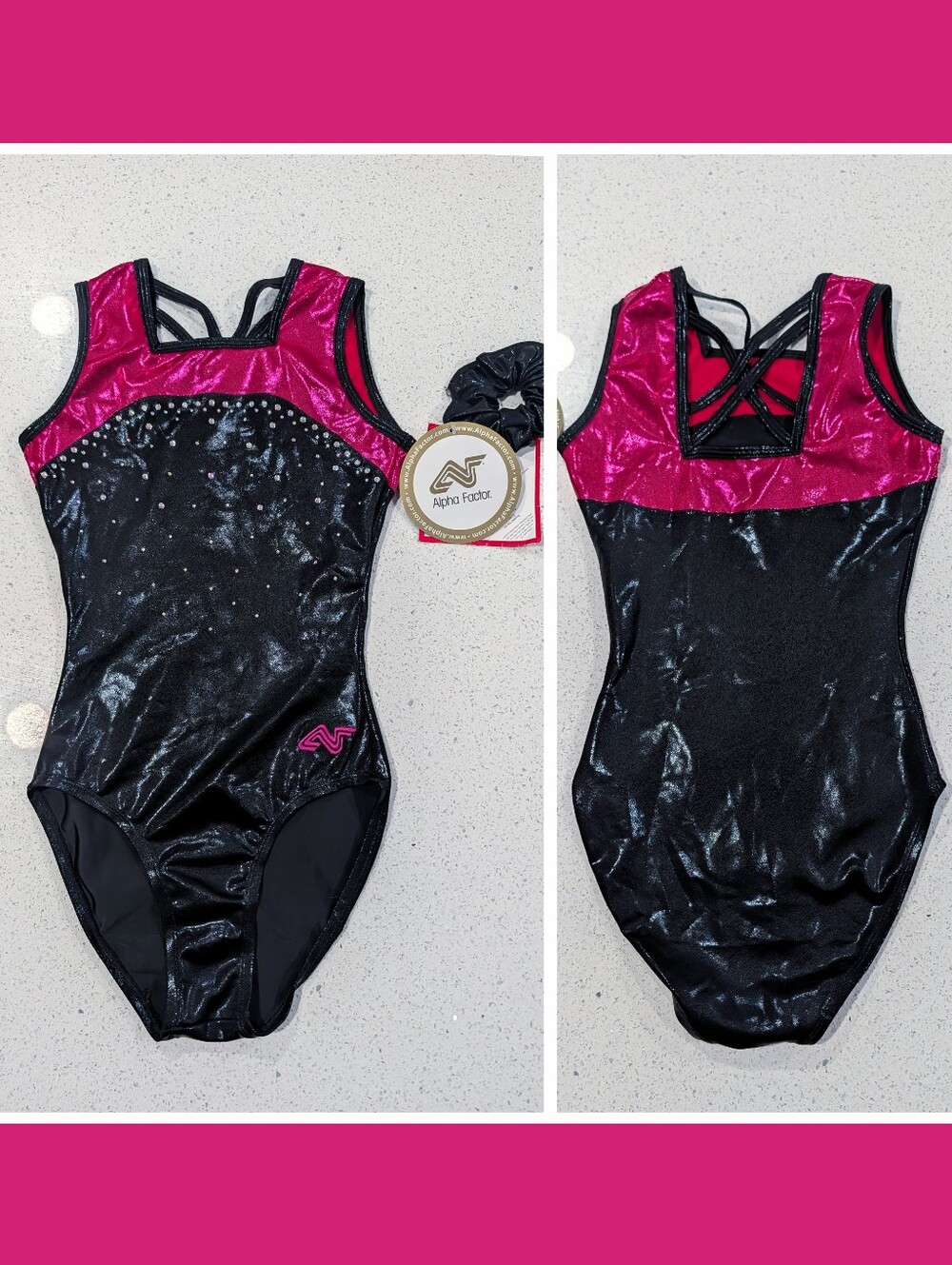 NEW Alpha Medium Gymnastics Dance Leotard Mystique RASPBERRY Stones +SCRUNCHIE